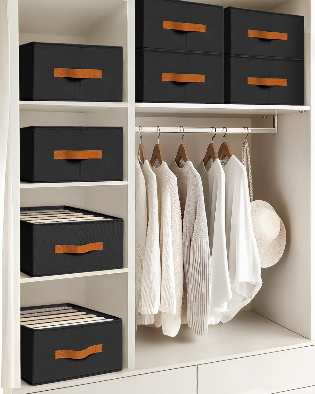 Homsorout Clothes Organizers and Storage - 4/5/7 Grids Fabric Jeans Organizer with Handles, Foldable Closet Organizers Dividers, Wardrobe organizer for Pant, Sweater, T-shirt, Scarf, 6 Pack, Beige