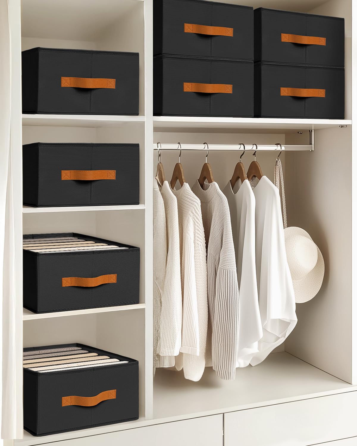 Homsorout Clothes Organizers and Storage - 4/5/7 Grids Fabric Jeans Organizer with Handles, Foldable Closet Organizers Dividers, Wardrobe organizer for Pant, Sweater, T-shirt, Scarf, 6 Pack, Beige