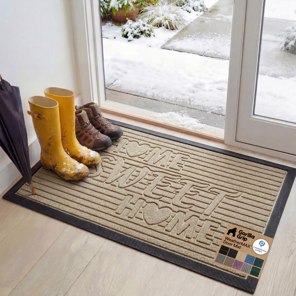 GORILLA GRIP 100% Waterproof All-Season WeatherMAX Doormat US Designed Natural Rubber, Stain Fade Resistant, Low Profile Indoor Outdoor Front Door Mats Outside Entrance, Easy Clean 29x17 Gray Diamond