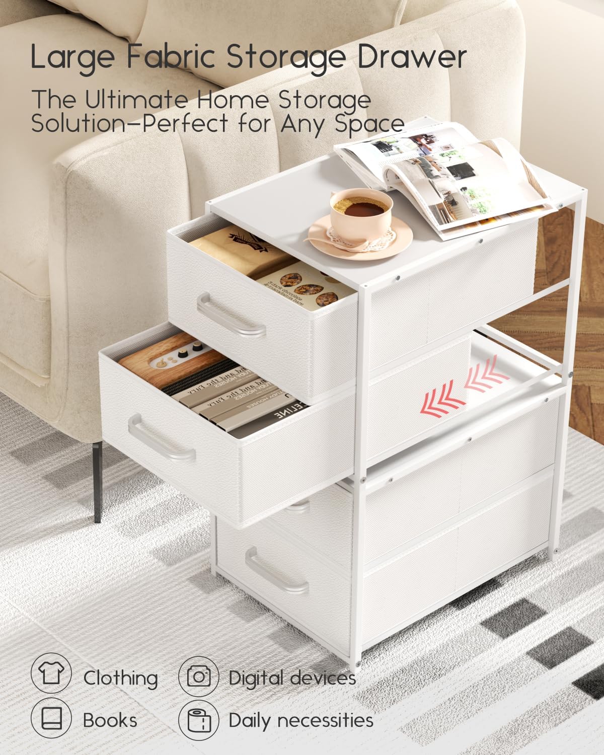 Homsorout Stackable Storage Drawers - 2 Tier Closet Organizer with Metal Handles and Metal Frame, Collapsible Fabric Bins Dresser for Bedroom, Dorm, Office, White, 1 Pack