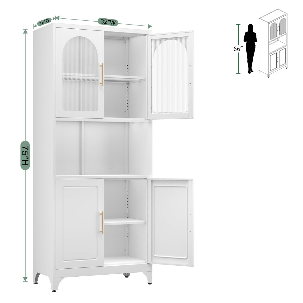 75" Tall Metal Kitchen Storage Cabinet,White Kitchen Pantry Storage Cabinet with Doors and 4 Adjustable Shelves,Utility Cabinet for Living Room,Garage,Dining Room and Office,Assemble Required