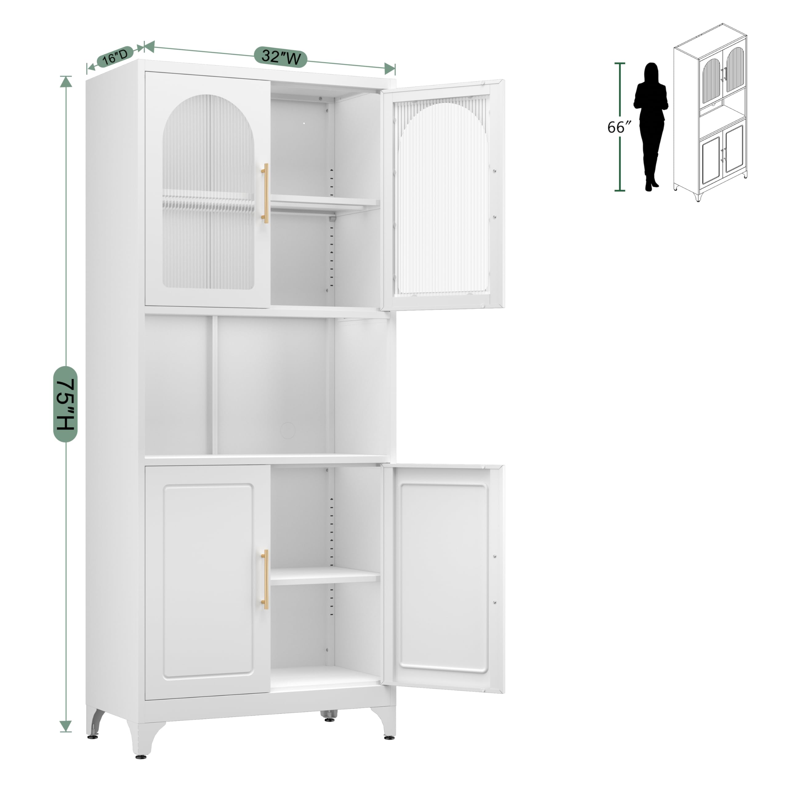 75" Tall Metal Kitchen Storage Cabinet,White Kitchen Pantry Storage Cabinet with Doors and 4 Adjustable Shelves,Utility Cabinet for Living Room,Garage,Dining Room and Office,Assemble Required