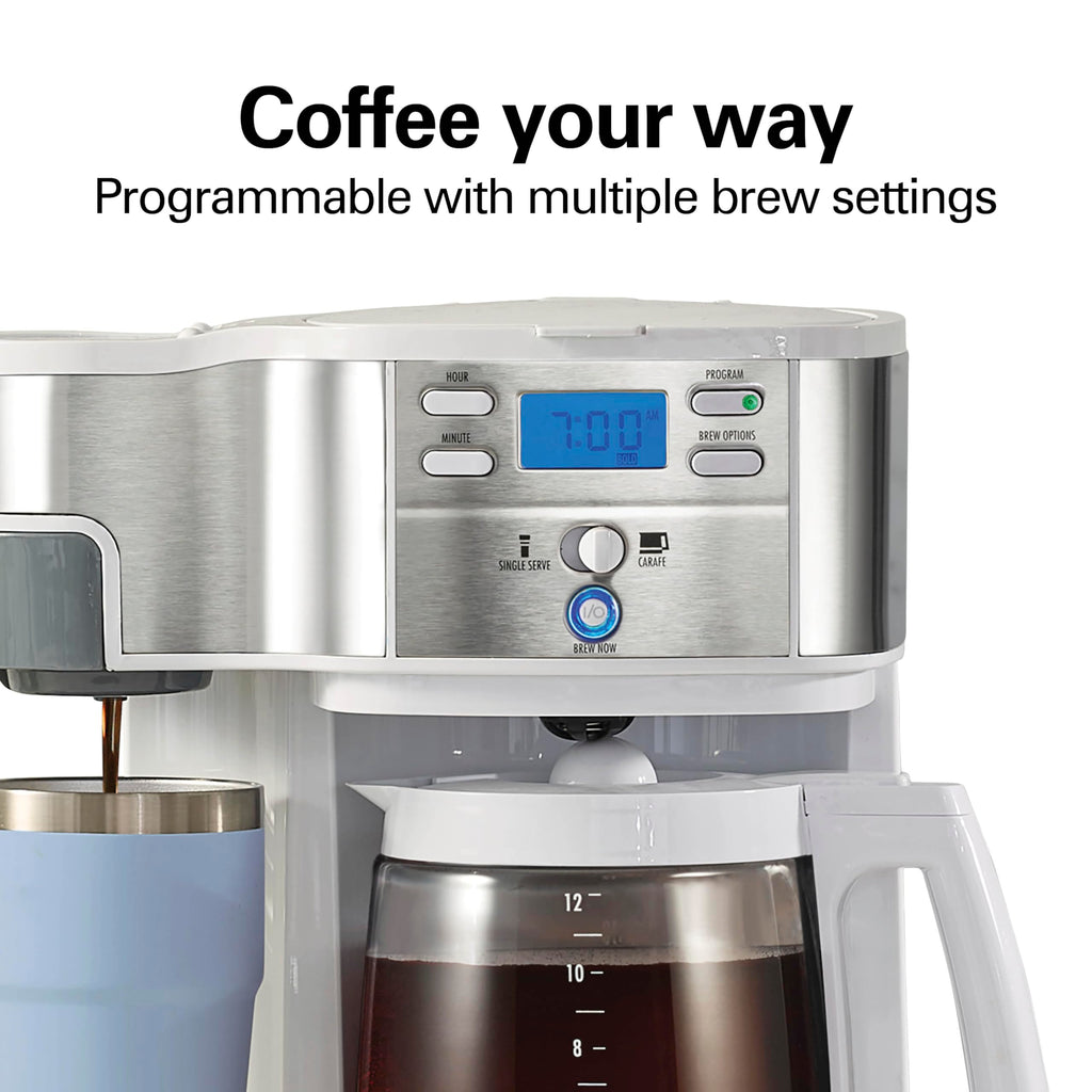 Hamilton Beach 2-Way Programmable Coffee Maker, 12 Cup Glass Carafe And Single Serve Coffee Maker, Black with Stainless Steel Accents, 49980RG