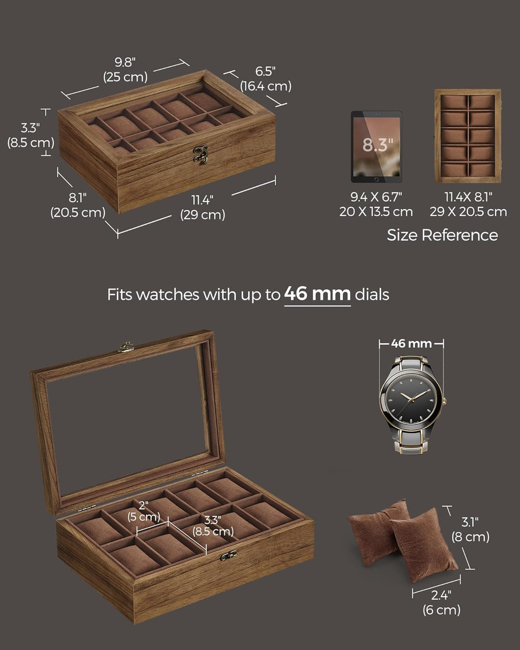 SONGMICS 10-Slot Watch Box, Watch Display Case with Large Glass Lid, Removable Watch Pillows, Velvet Lining, Gift Idea, Rustic Walnut UJOW100K01