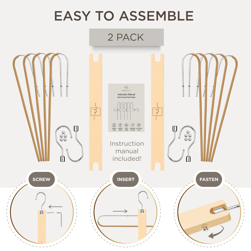 MORALVE Pants Hangers Space Saving - 2 Pack European Beechwood Scarf and Jean Hangers - Closet Organizer and Space Saver Pant Rack, Leggings Hanger, and Scarf Holder with 360° Swivel Hook