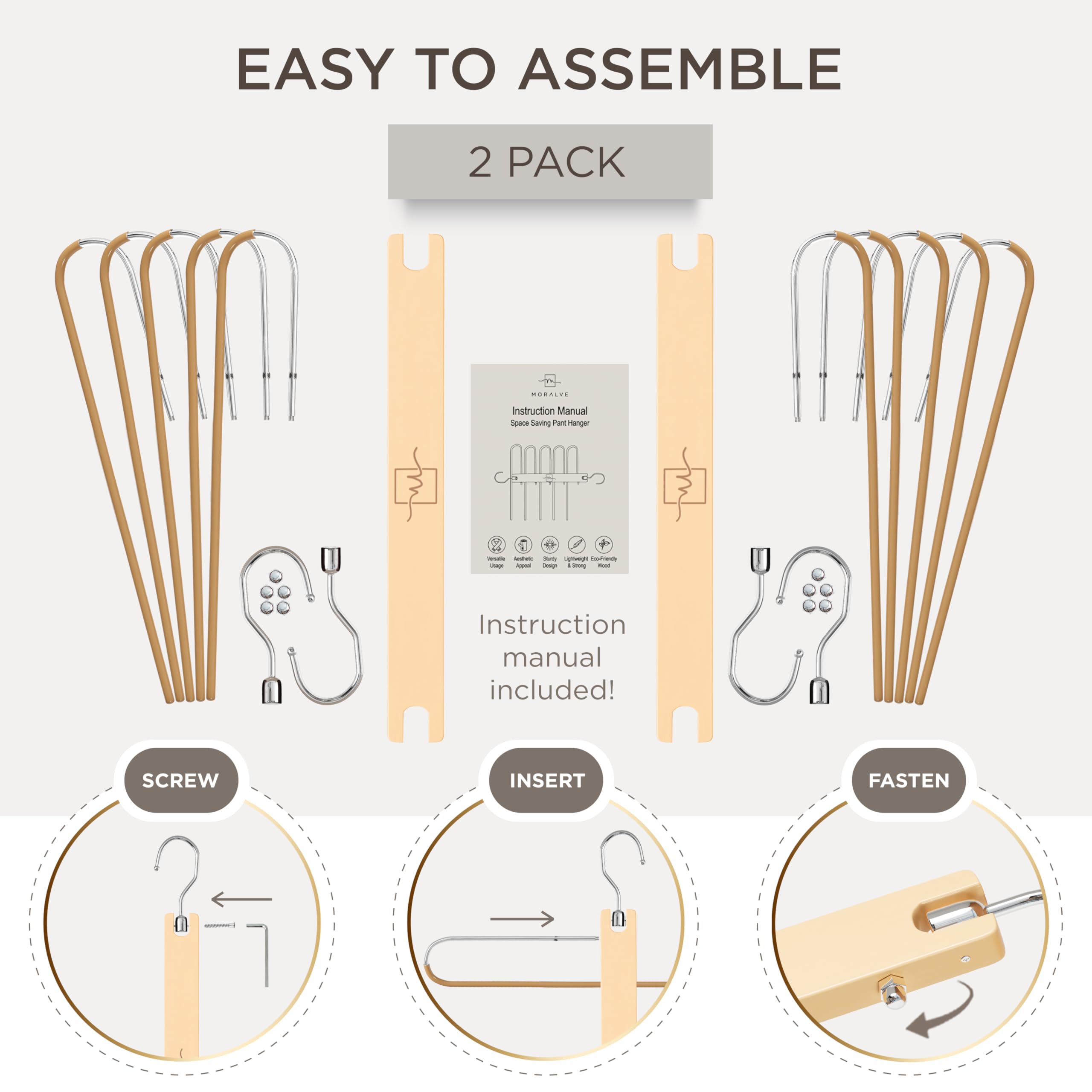 MORALVE Pants Hangers Space Saving - 2 Pack European Beechwood Scarf and Jean Hangers - Closet Organizer and Space Saver Pant Rack, Leggings Hanger, and Scarf Holder with 360° Swivel Hook