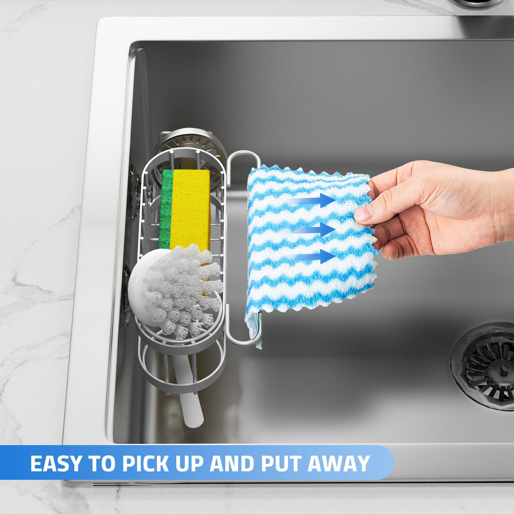 Cisily Organizador de Fregadero de Cocina con Soporte para Esponja en el Fregadero, Organizador de Fregadero de Cocina de Acero Inoxidable, Soporte para Cepillo, Percha para Paños de Platos, Soporte