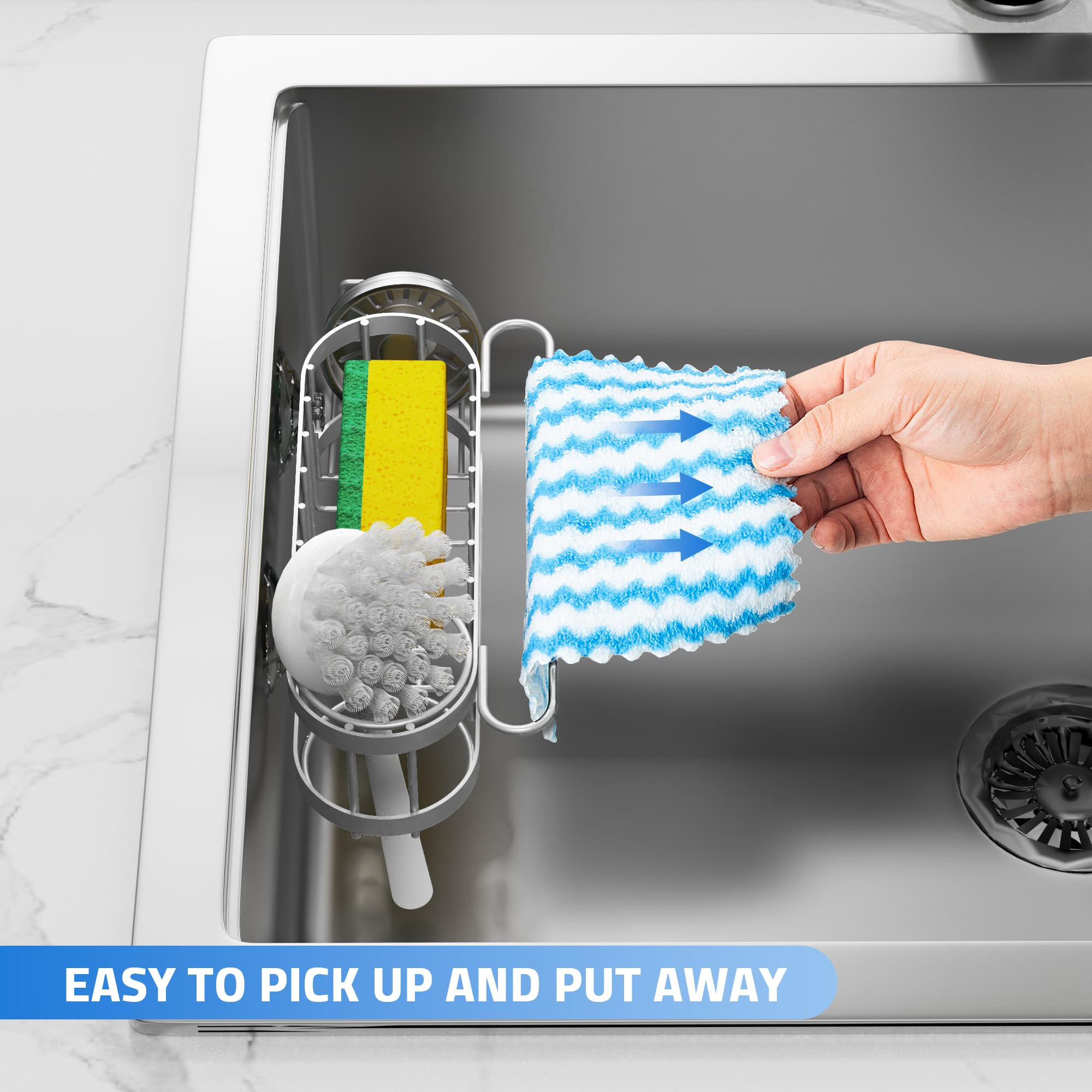 Cisily Organizador de Fregadero de Cocina con Soporte para Esponja en el Fregadero, Organizador de Fregadero de Cocina de Acero Inoxidable, Soporte para Cepillo, Percha para Paños de Platos, Soporte
