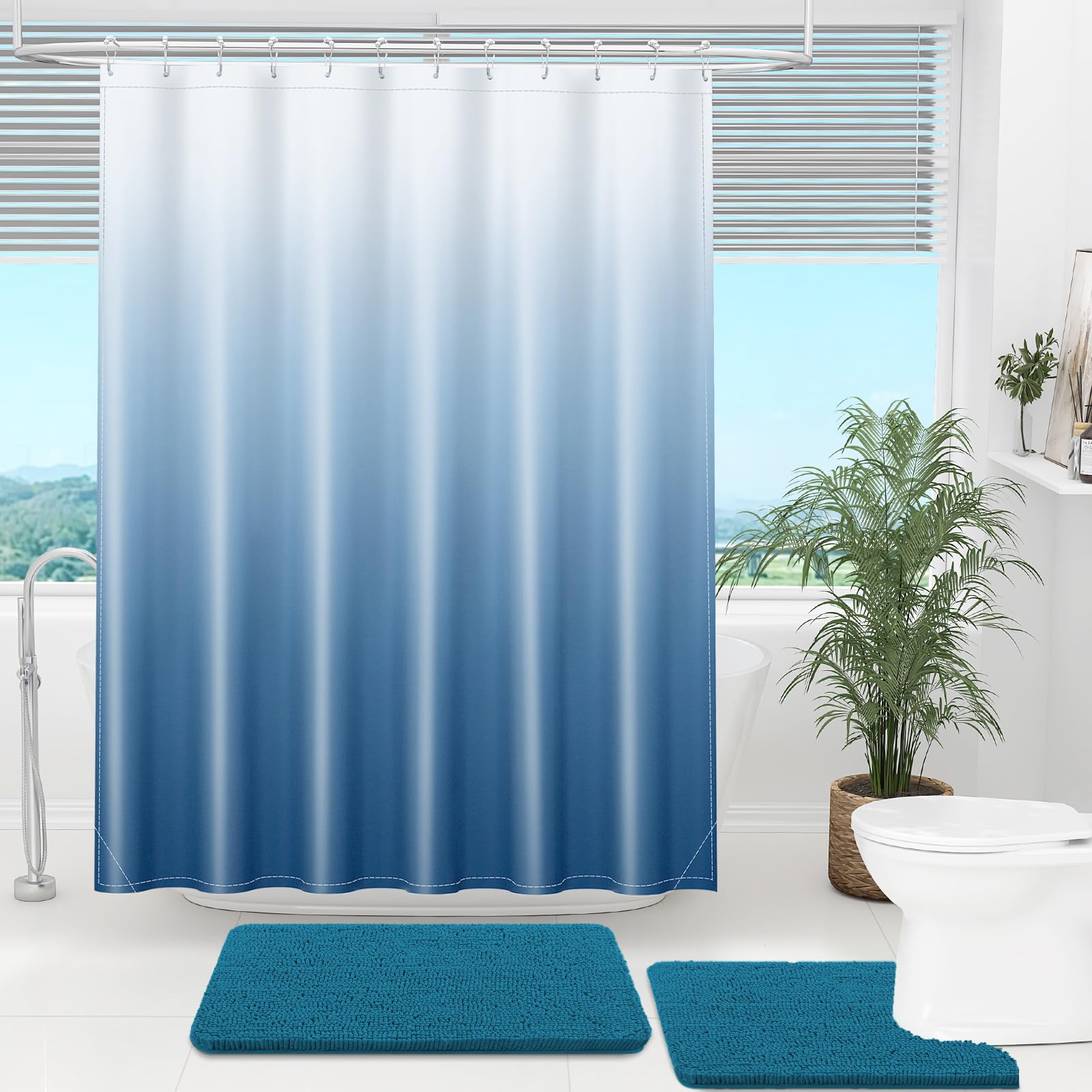 OLANLY Luxury Black and Grey Ombre Shower Curtain Sets with 12 Hooks, Waterproof and Washable Decorative Shower Curtains for Bathroom, 72x72 Inches
