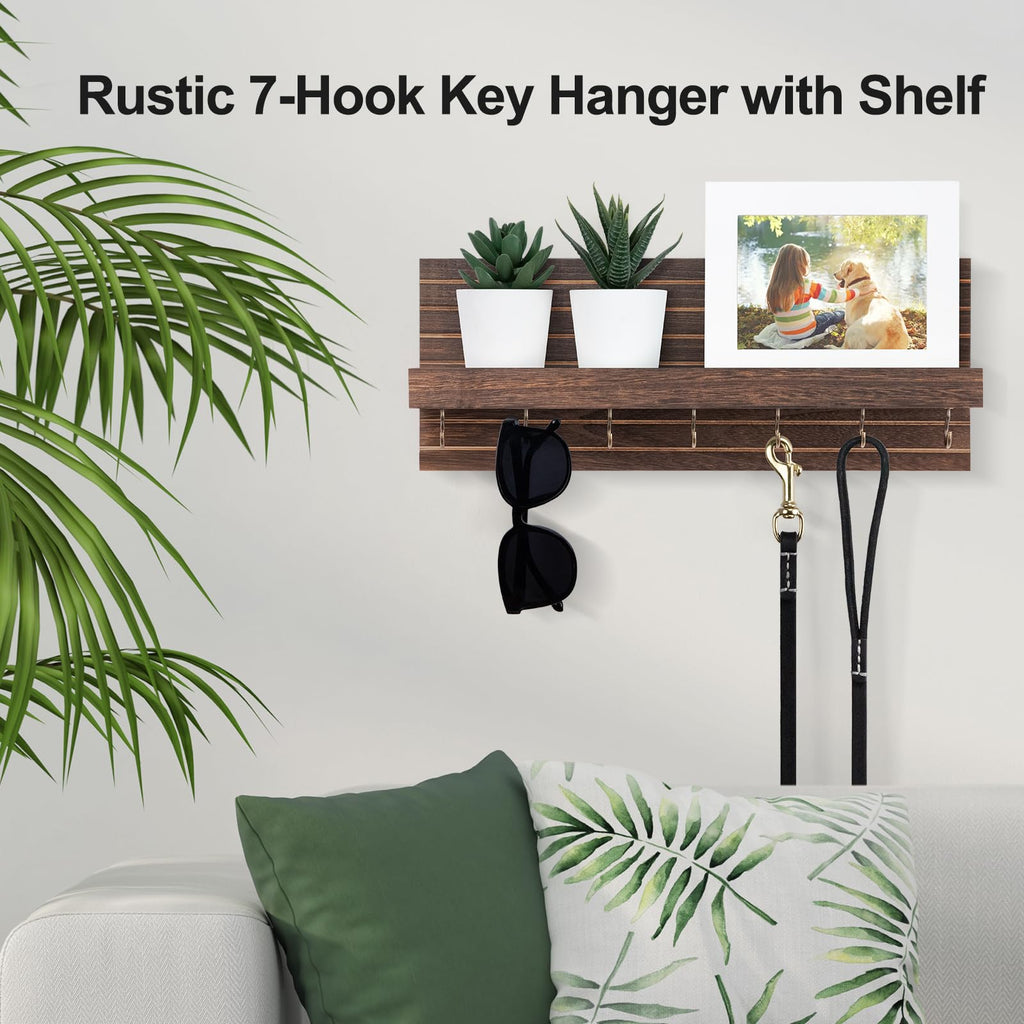 Decorative Key Holder for Wall with Shelf, Entryway Shelf with Hooks Holds Leashes, Jackets and Glasses – Sturdy Wood Keyholder Entrance Hanger with Mounting Hardware (Black, Medium)