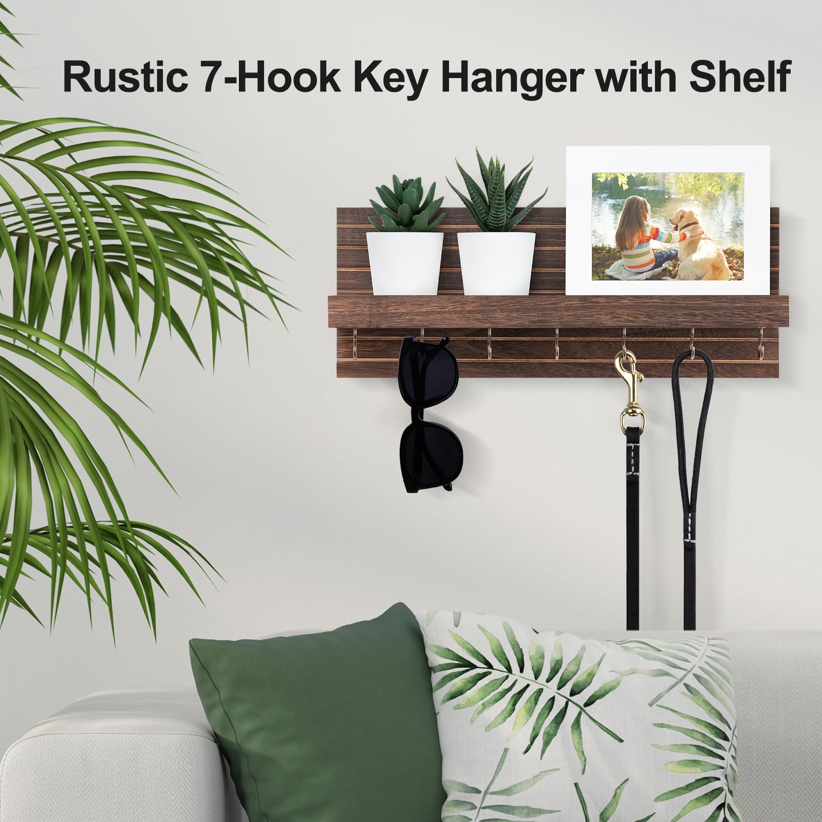 Decorative Key Holder for Wall with Shelf, Entryway Shelf with Hooks Holds Leashes, Jackets and Glasses – Sturdy Wood Keyholder Entrance Hanger with Mounting Hardware (Black, Medium)