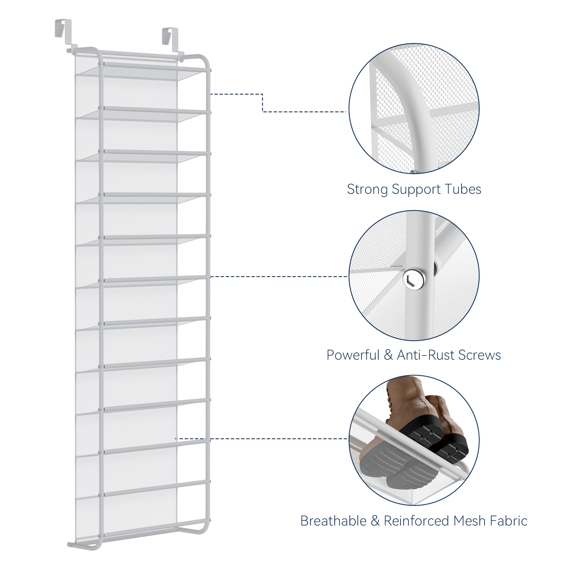 Whitmor 36 Pair Over the Door Shoe Organizer, 12 Tier Hanging Shoe Organizer, Heavy Duty Metal & Mesh Shoe Holder, Hanging Shoe Rack for Closet Organizer & Storage, 74"L x 21.7"W x 7.5"H, White