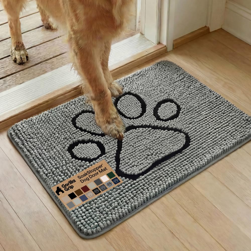 GORILLA GRIP SoakSTOPPER Dog Door Mat, Machine Washable Rug Absorbent Doormat Captures Moisture Mud Dirt, Quick Dry Soft Chenille Entryway Rugs Indoor Entrance Mats for Dog Paws, 24x17 Grey