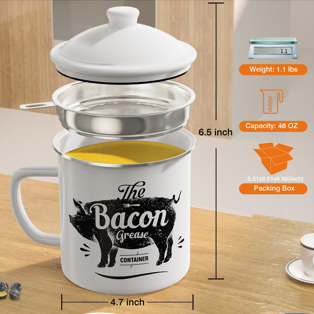 PGYARD Mini Bacon Grease Container With Strainer - 15OZ Enamel Grease Saver, Farmhouse Bacon Grease Keeper For Kitchen Fat Storage, Dishwasher Safe-Red