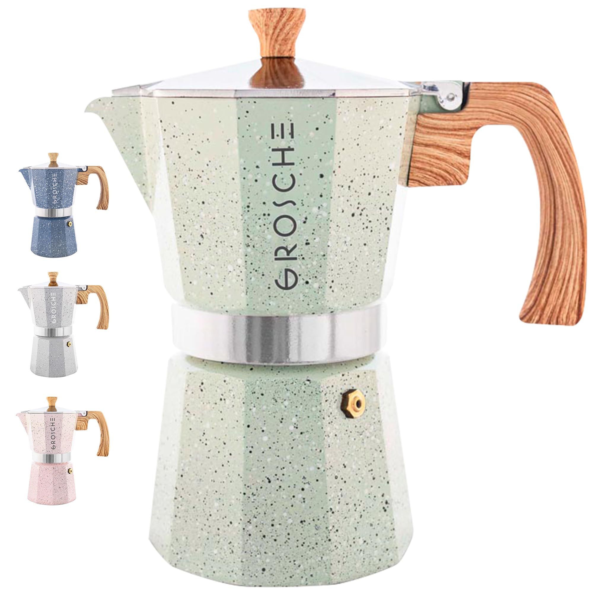 GROSCHE Milano Moka pot, Stovetop Espresso maker, Greca Coffee Maker, Stovetop coffee maker and espresso maker percolator (Grey, 6 cup)