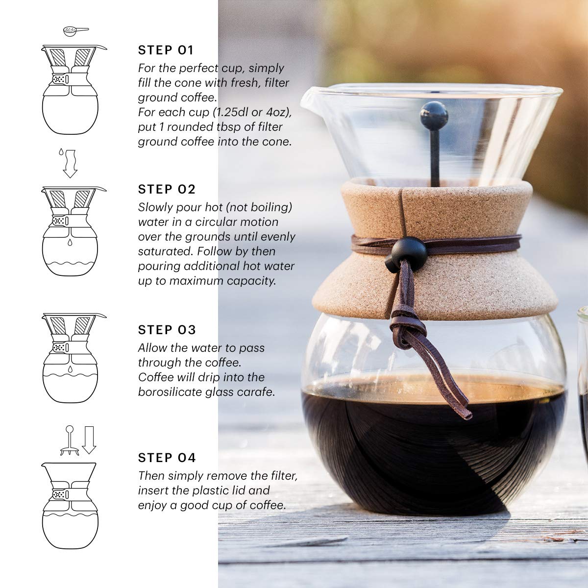 Bodum 34oz Pour Over Coffee Maker, High-Heat Borosilicate Glass with Reusable Stainless Steel Filter and Cork Grip - Made in Portugal