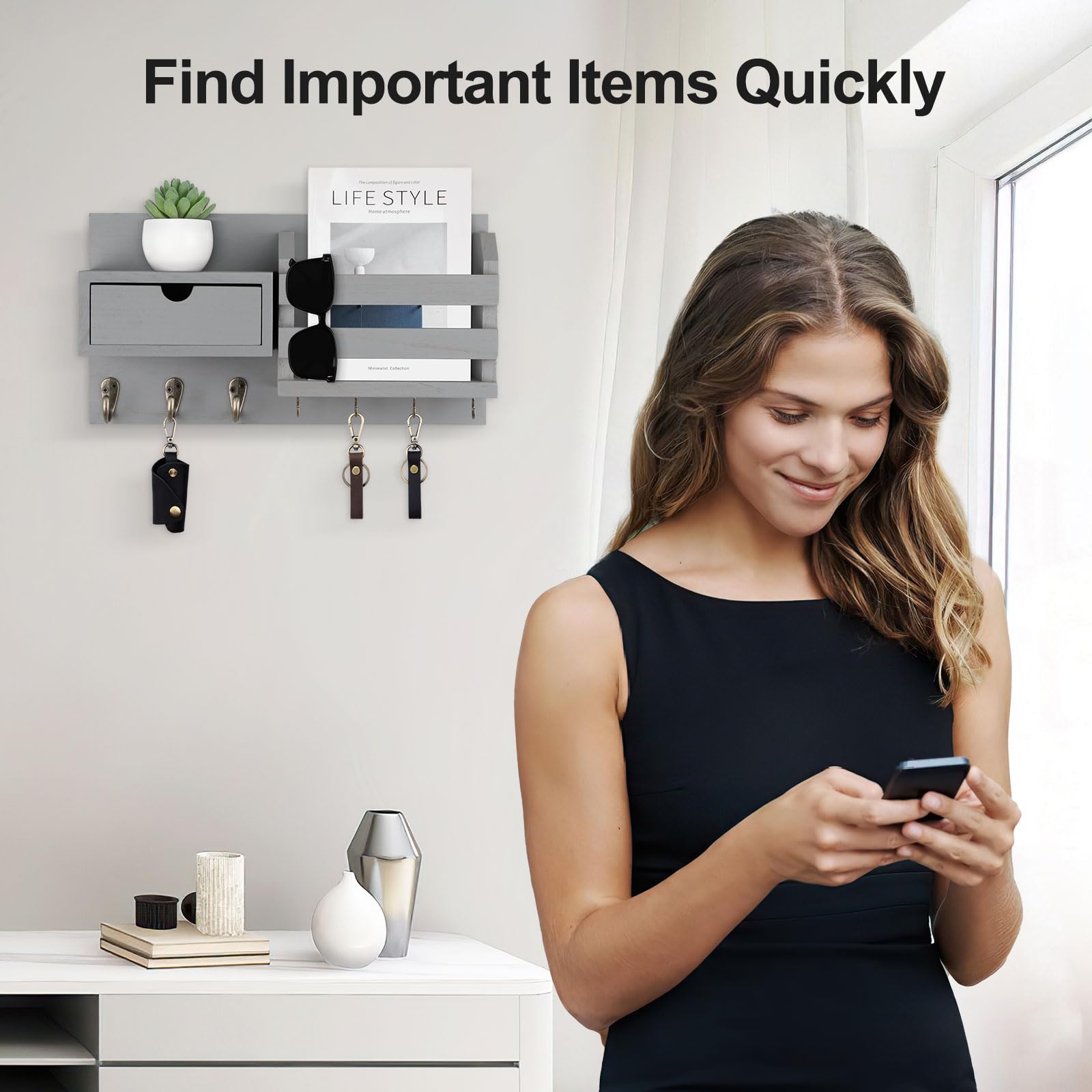 Wall Mount Key Holder with Mail Organizer, 100% Paulownia Wood, 7 Metal Hooks, Storage Drawer, Entryway Home Decor (Brown)