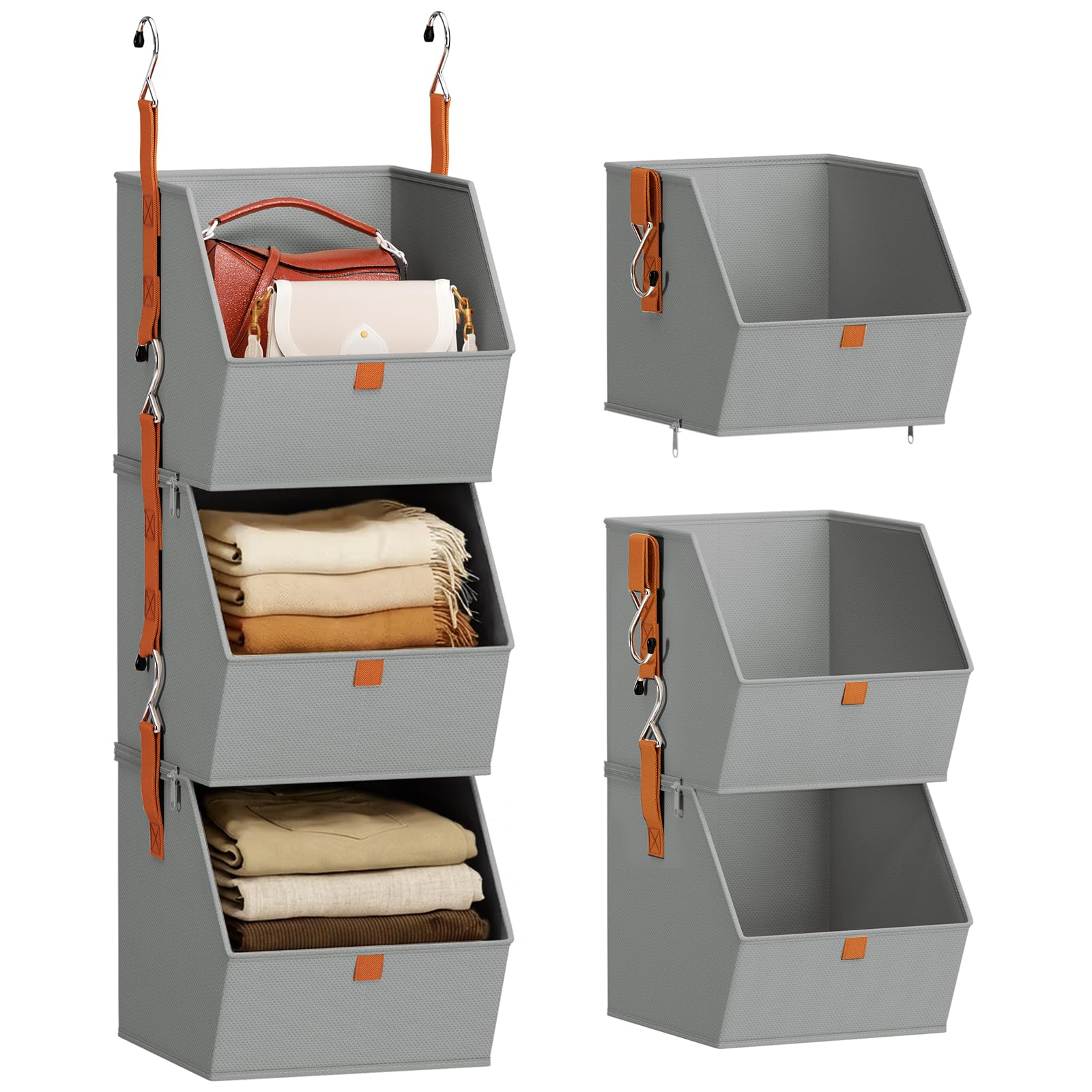 Homsorout Hanging Closet Organizer 4 Tier - Clothes Hanging Shelves, Space-Saving Closet System, Fabric Storage Bins Bedroom Organization, Collapsible Baskets for Home, Dorm, Rv, Beige