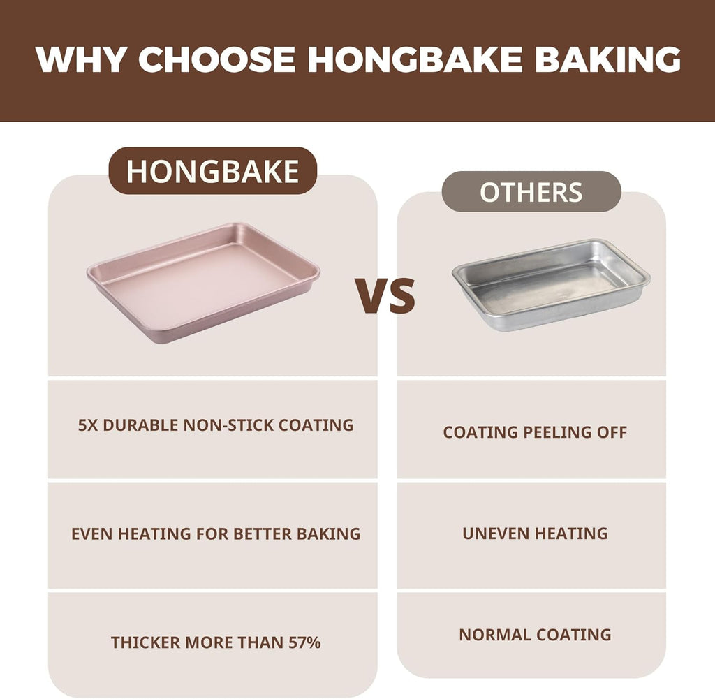 HONGBAKE 2 Pack 9.7"X7.6" Small Cookie Sheet, 57% Thicker Nonstick 1/8 Toaster Oven Pans, Heavy Duty Cookie Sheet Pan Set, Baking Sheet, Rose Gold