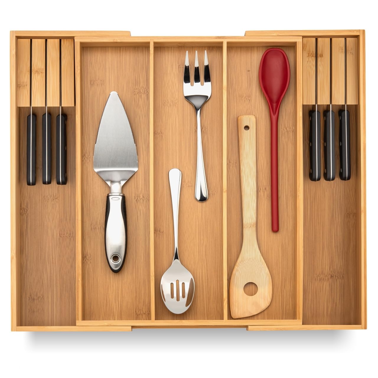 Purawood Bamboo Drawer Organizer - Expandable Silverware Organizer & Utensil Drawer Organizer, Cutlery Tray with Dividers, 7-9 Slots- Kitchen Organizer for Utensils & Flatware (Natural)