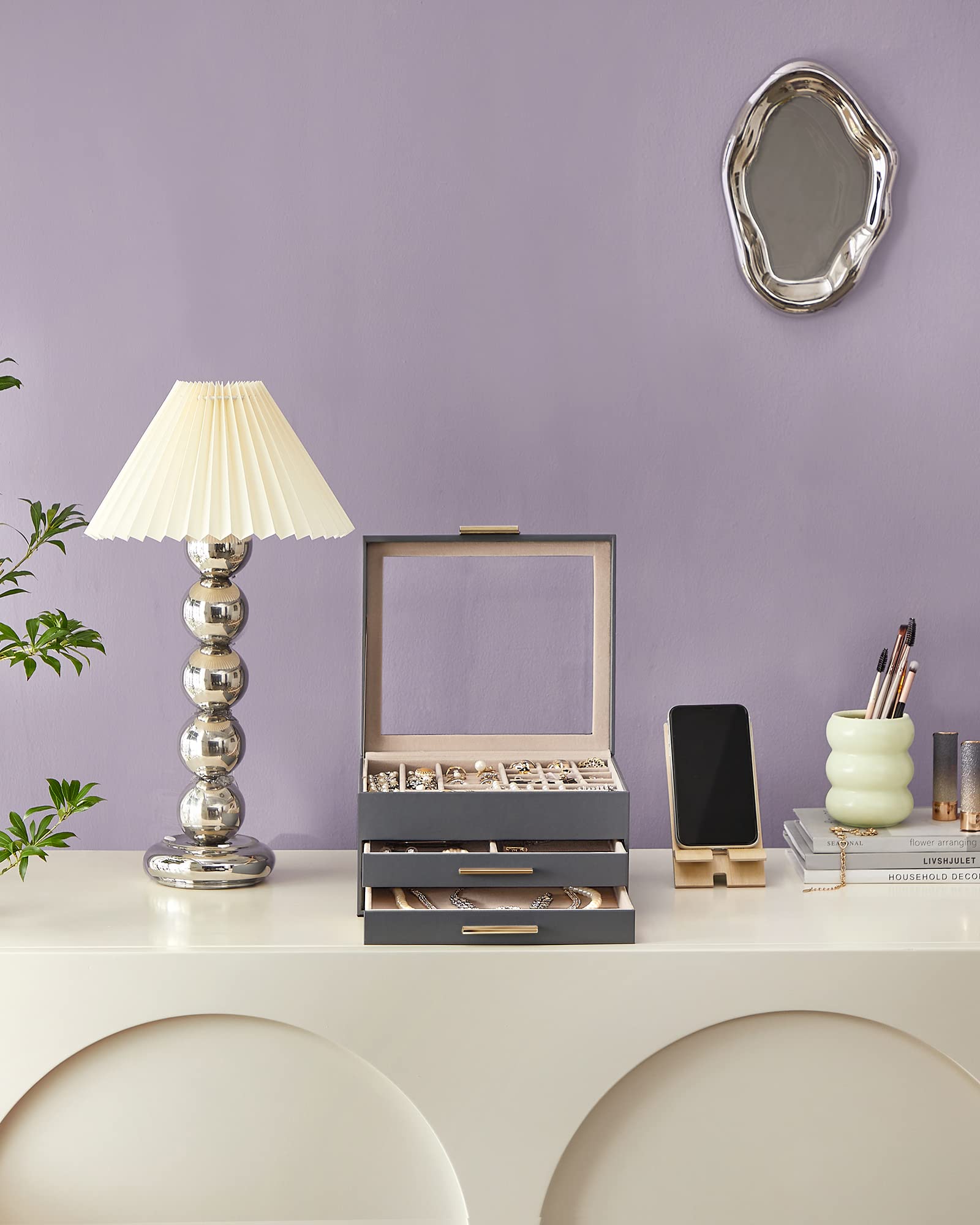 SONGMICS GISELLA Collection - Jewelry Box Organizer, 3-Layer Jewelry Storage with 2 Drawers, Shiny Metal Hardware, Glass Lid, Modern, 8 x 9.1 x 5.3 Inches, Cloud White and Gold Color UJBC239WT