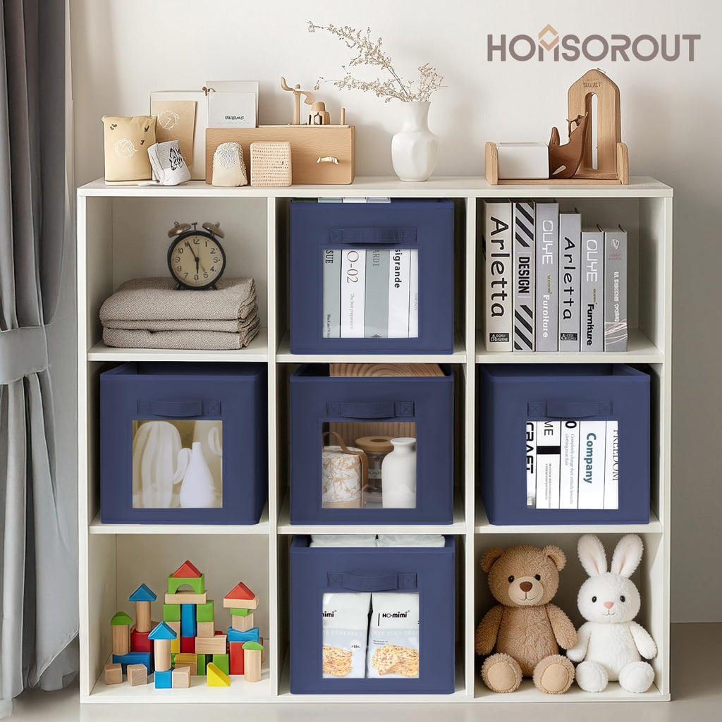 Homsorout Storage Cube 11 Inch - Cube Storage Bins with Window, Closet Storage Baskets with Handle, Fabric Bins for Closet, Shelves, Toys, Clothes, Set of 6, Grey
