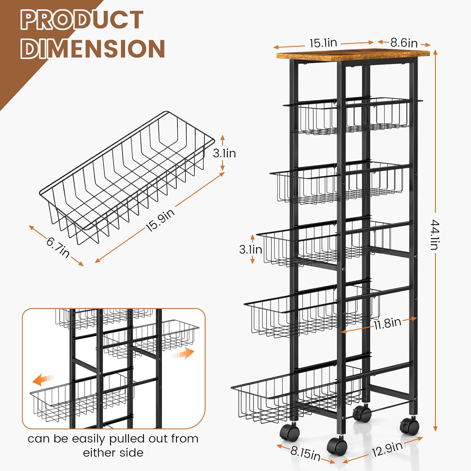 6 Tier Slim Storage Cart with Pull Out Basket, Wooden Top Rolling Kitchen Cart with Lockable Wheels, Metal Wire Fruit Vegetable Storage Basket Narrow Utility Organizer for Kitchen, Bathroom, Laundry
