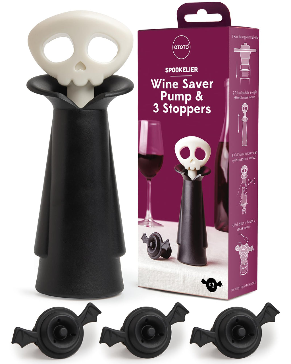 OTOTO Wine Stoppers & Pourer - Halloween Gifts for Wine Lovers, Spooky Wine Bottle Stopper, Wine Goth Accessories, Fun Kitchen Gadgets (Count Corkula)