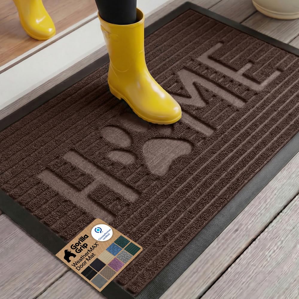 GORILLA GRIP 100% Waterproof All-Season WeatherMAX Doormat US Designed Natural Rubber, Stain Fade Resistant, Low Profile Indoor Outdoor Front Door Mats Outside Entrance, Easy Clean 29x17 Gray Diamond