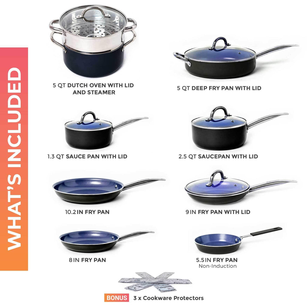 Mueller Pots and Pans Set 17-Piece, Ultra-Clad Pro Stainless Steel Cookware Set, Ergonomic EverCool Handle, Induction Cookware, Includes Saucepans, Skillets, Dutch Oven, Stockpot, Steamer For Cooking