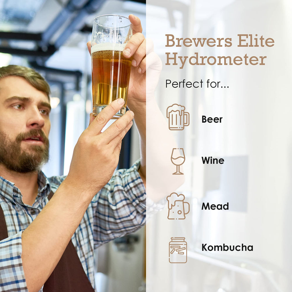 Brewer's Elite Hydrometer & Plastic Test Jar - for Home Brew Beer, Wine, Mead and Kombucha - Deluxe Triple Scale Set, Hardcase and Cloth - Specific Gravity ABV Tester