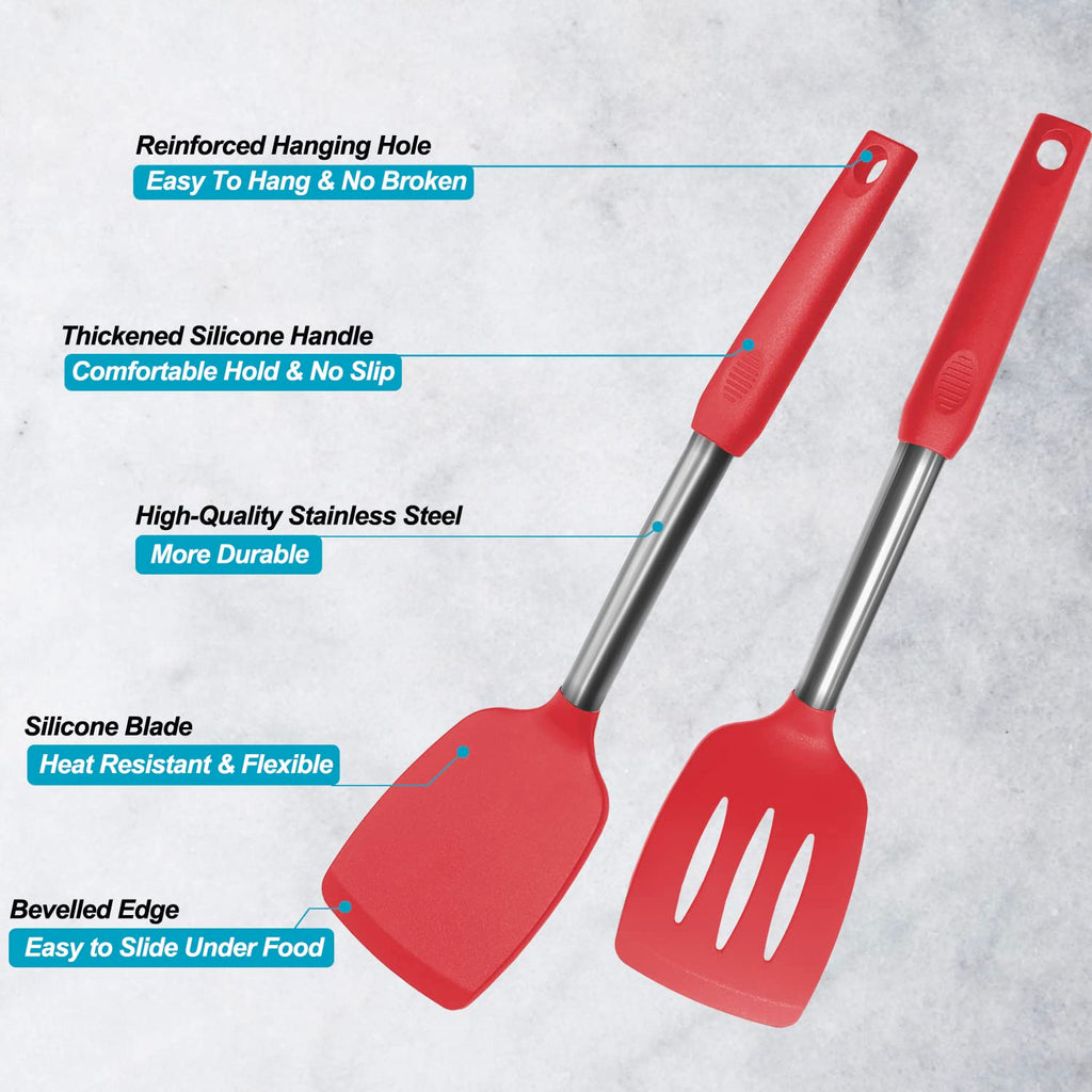 2 Pack Spatulas, Solid & Slotted Silicone Spatula Set, Stainless Steel Handle Coated with Silicone, Non Stick Turners, Heat Resistant Rubber Spatulas for Fish, Eggs, Pancakes, WOK, Black