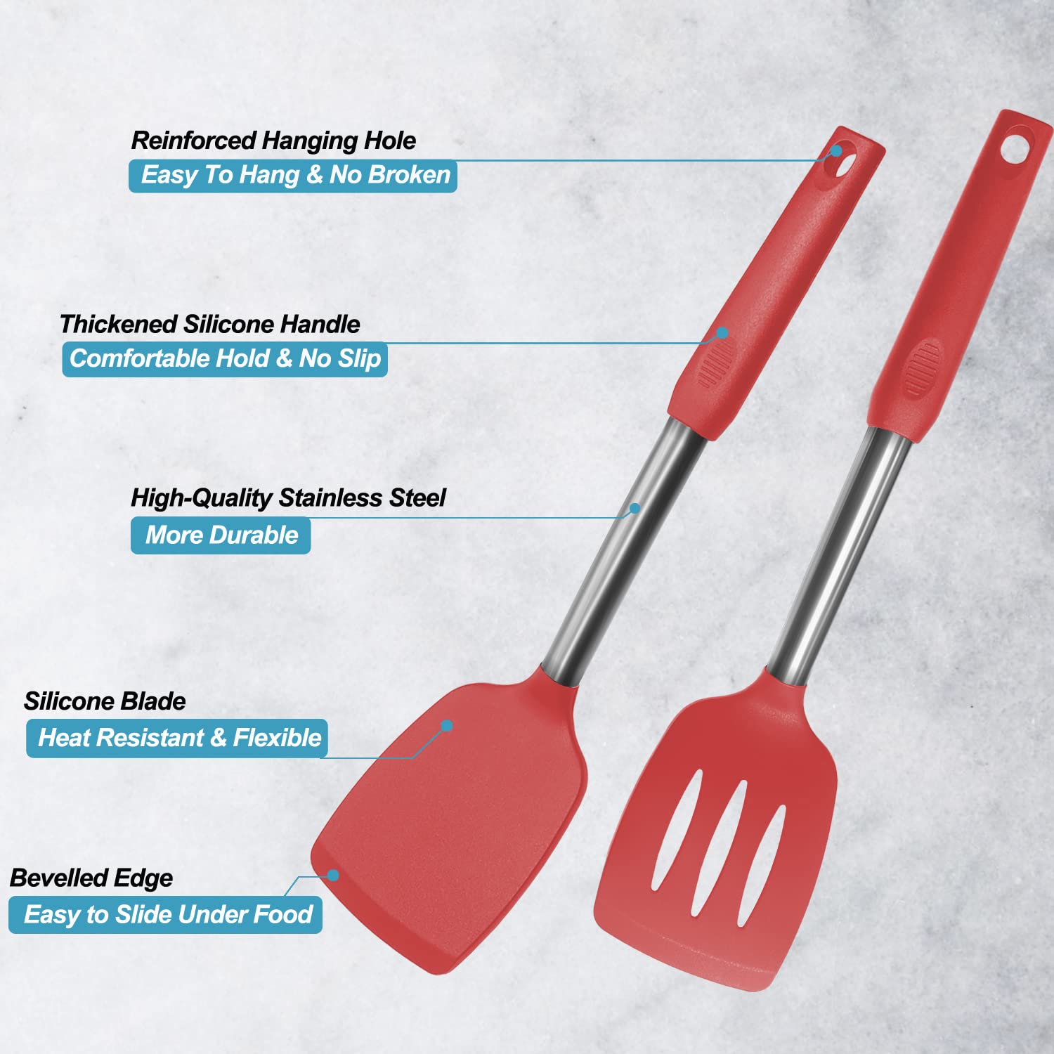2 Pack Spatulas, Solid & Slotted Silicone Spatula Set, Stainless Steel Handle Coated with Silicone, Non Stick Turners, Heat Resistant Rubber Spatulas for Fish, Eggs, Pancakes, WOK, Black