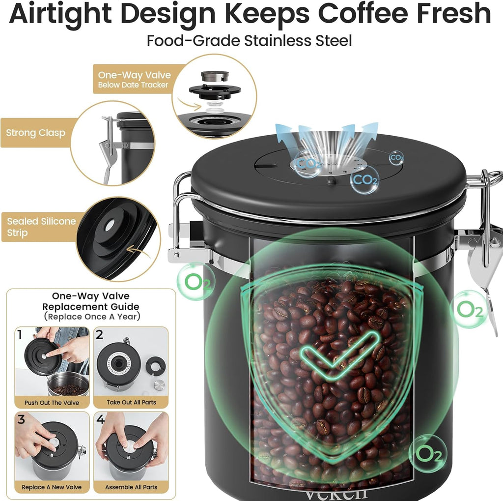 Veken Coffee Canister with Window,Airtight Stainless Steel Kitchen Food Storage Container, Date Tracker & Scoop for Grounds Coffee, Beans, Tea,Flour,Cereal,Sugar,22OZ,Copper