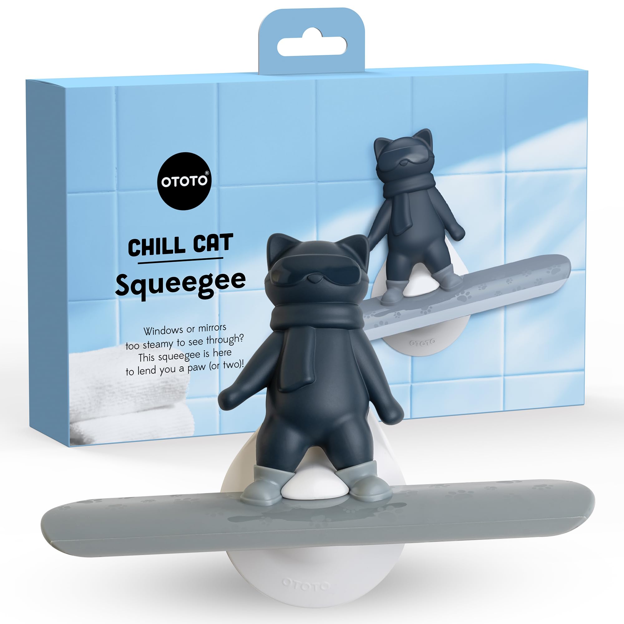 OTOTO Chill Cat Squeegee - Cute Kitchen Accessories, Cute Bathroom Decor, Black Bathroom Accessories, Shower Accessories, Shower Squeegee for Glass Doors, Small Bathroom Squeegee, Cat Gifts