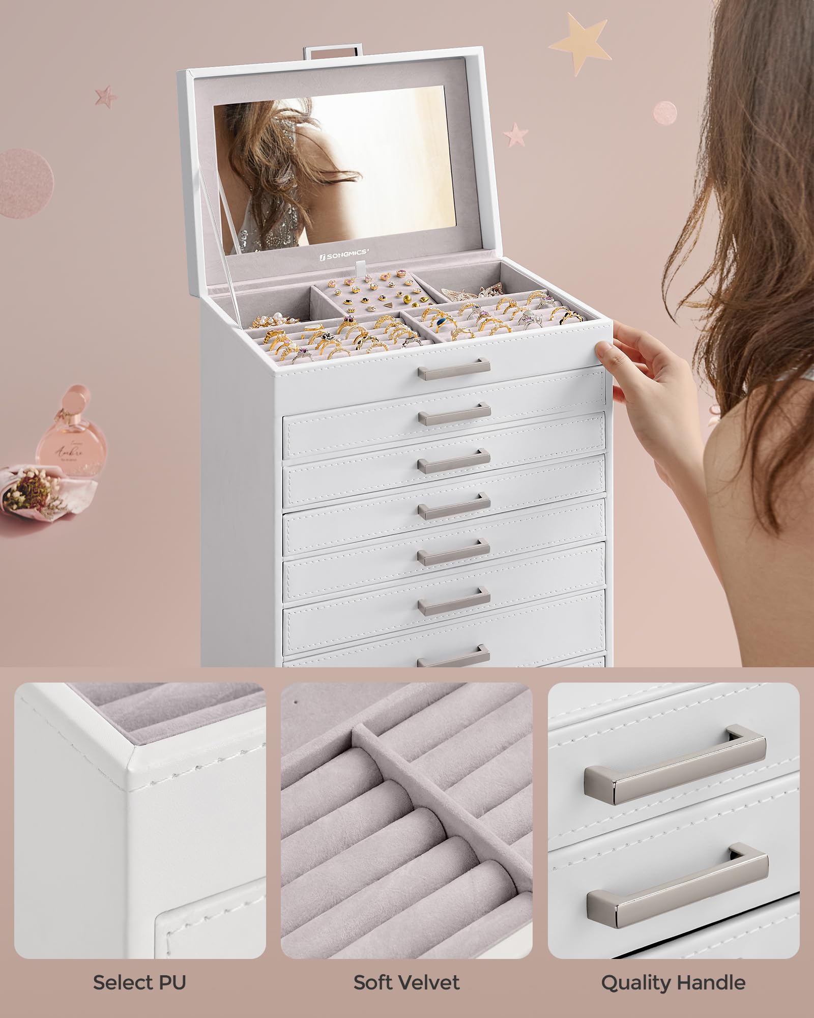 SONGMICS 3-Tier Jewelry Box, Travel Jewelry Case with Handle, 2 Drawers, Lockable Jewelry Organizer with Mirror, Jewelry Storage, Modern Style, Gift for Loved Ones, White UJBC154W01