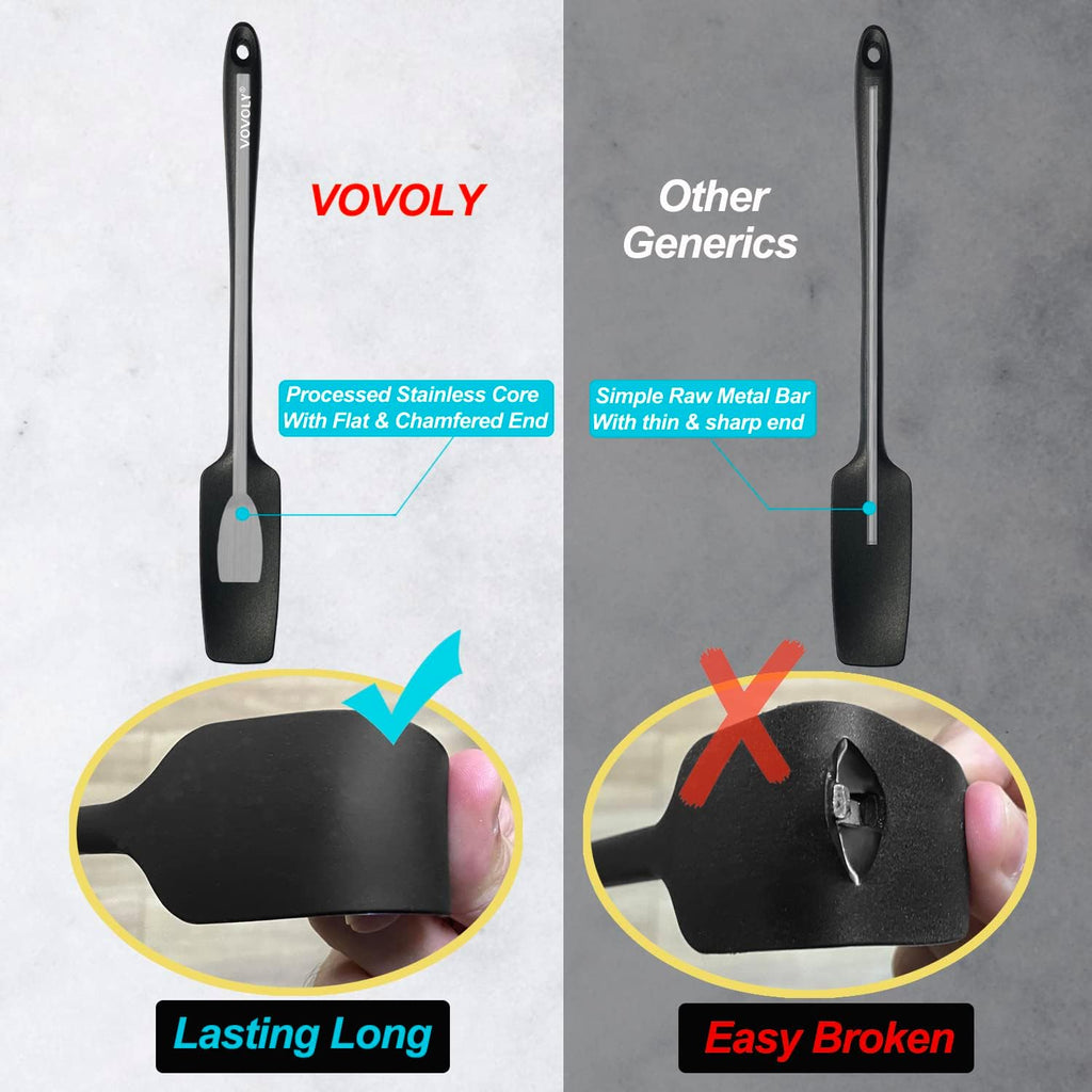 Vovoly Silicone Jar Spatula, Small Head with Long Handle, Rubber Spatulas Scraper for Jar, Blender, Bottle, etc. High Heat Resistant for Nonstick Cookware, Seamless, BPA Free, 11.2 Inch, Black.
