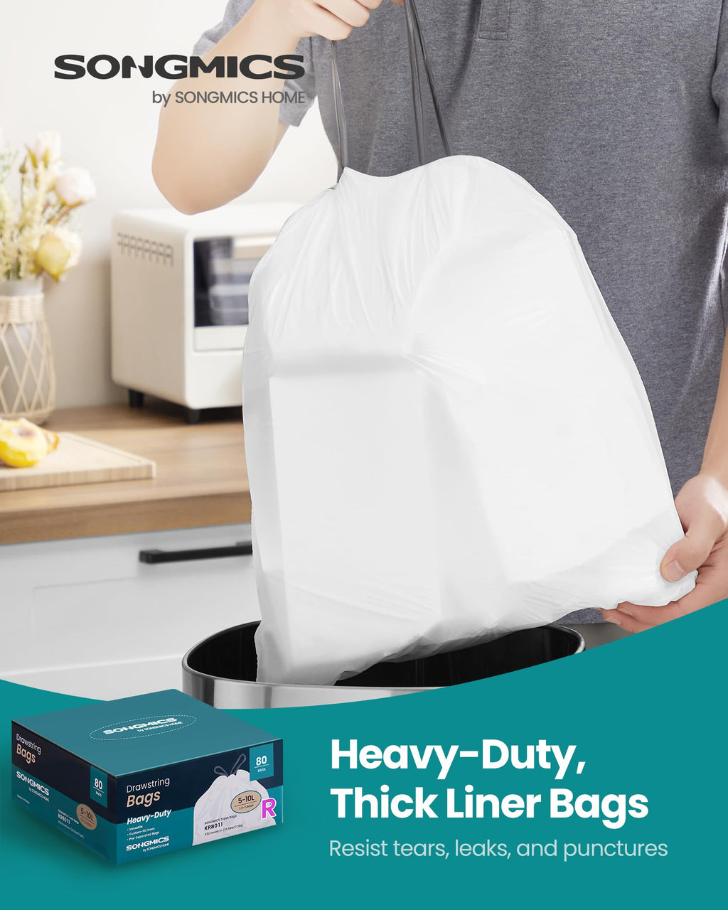 SONGMICS Trash Bags for 8-Gallon (30 L) Trash Cans, Drawstring Kitchen Garbage Bags, Pre-Separated, Liner Code 30A, 2 Rolls, 90 Count, White UKRB30A02