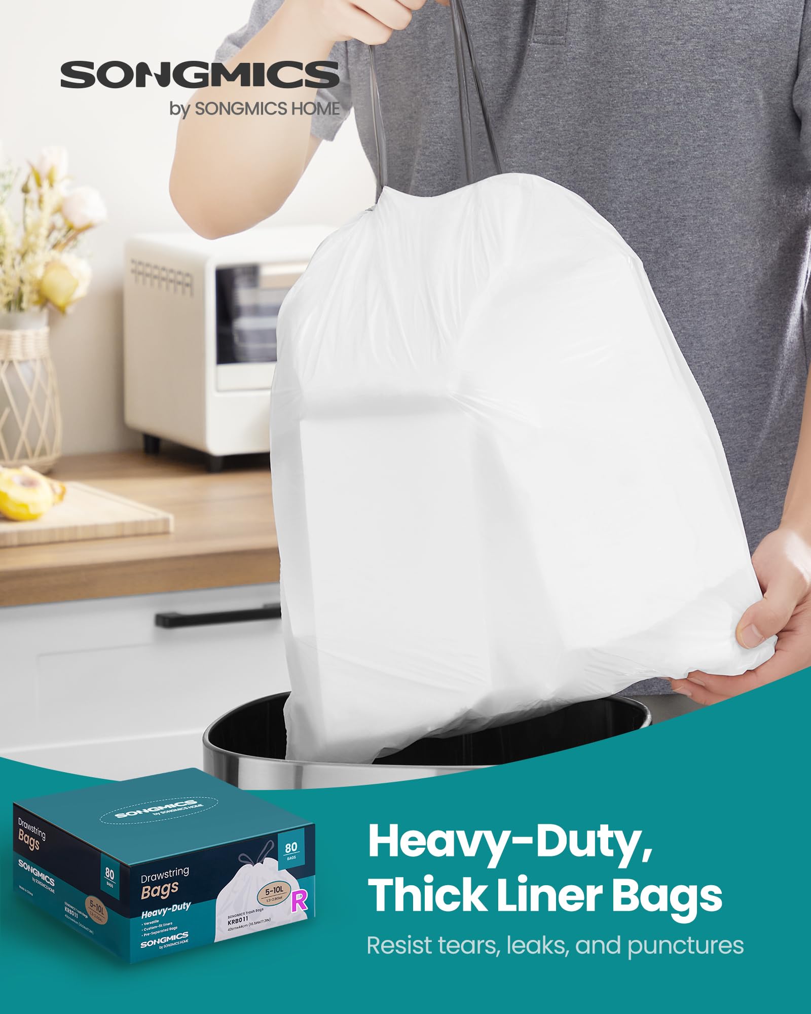 SONGMICS Trash Bags for 8-Gallon (30 L) Trash Cans, Drawstring Kitchen Garbage Bags, Pre-Separated, Liner Code 30A, 2 Rolls, 90 Count, White UKRB30A02