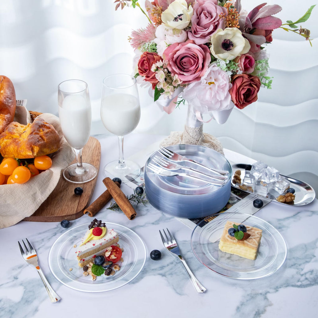 DaYammi 240Pcs Dessert Plates Include 120Pcs Gold Cake Plates 6.3inch with 120Pcs Gold Plastic Forks 5.7inch,Clear gold plates Disposable Salad Plate for Party Appetizer Plate for Wedding Birthday