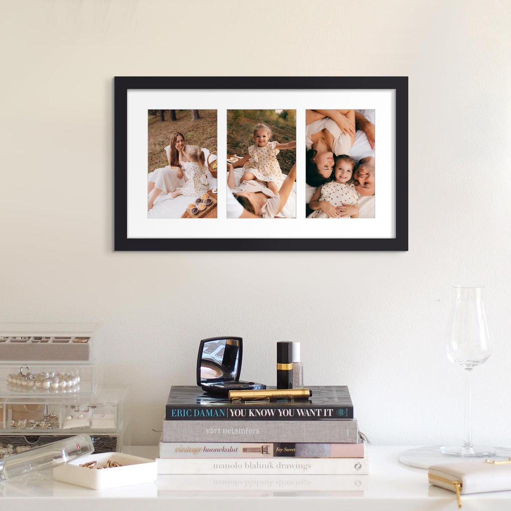 upsimples 8x16 Collage Picture Frame, Display Pictures 3 5x7 with Mat or 8x16 Without Mat, Wall Hanging 3 5x7 Picture Frame Collage Wall Decor, Black, 1 Pack