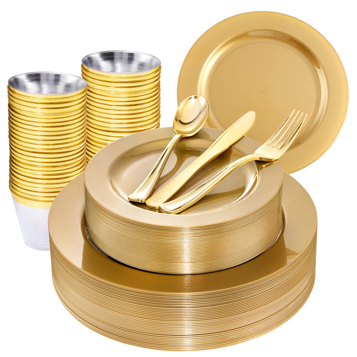 DaYammi 210Pcs White Gold Plastic Plates for Party,Gold Disposable Dinnerware Set Includes 60 gold Floral Plates,30 Plastic Silverware,30 Per Rolled Napkins,30 Cups for Mother's Day Party Wedding
