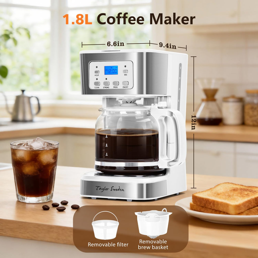 Taylor Swoden 12-Cup Programmable Coffee Maker, Regular & Strong Brew Drip Coffee Machine for Home and Office, Glass Carafe, Pause & Serve, Auto Shut Off, Black & Stainless Steel
