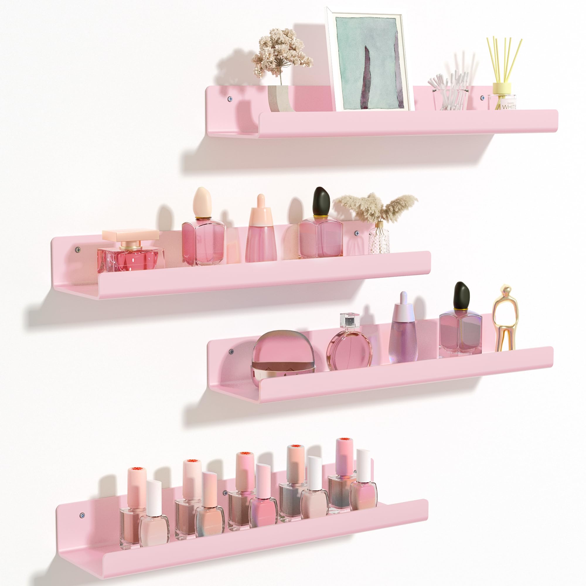 upsimples Acrylic Shelves for Bathroom Storage, 15" Floating Shelves Wall Organizer for Perfume, Make up, Skincare, Kids Bookshelf for Bedroom, Nursery, Living Room Decor, Clear, 4 Pack