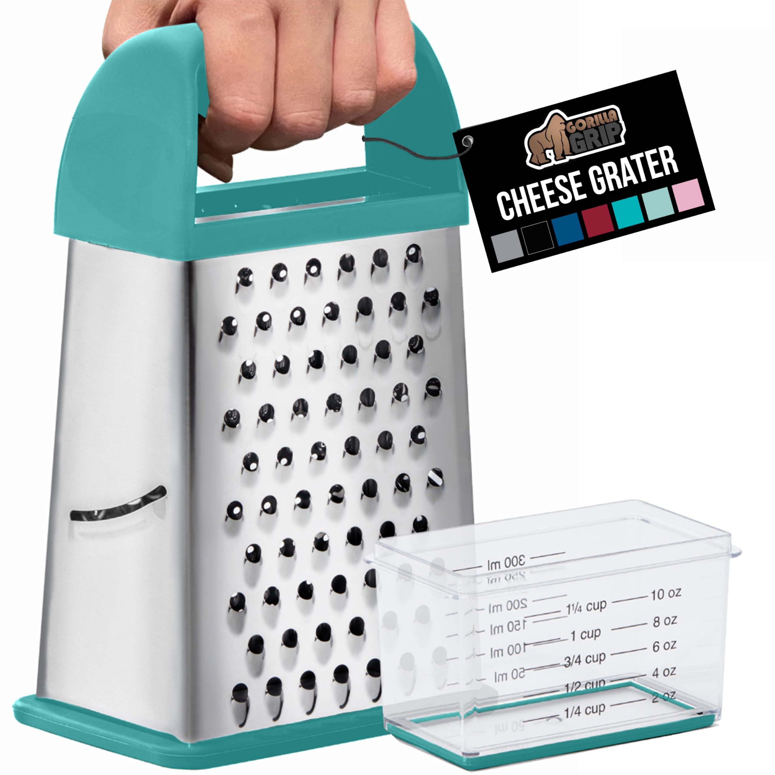 GORILLA GRIP 4-Sided Stainless Steel Cheese Grater With Container, 100% BPA-Free Box Grater, Slip Resistant Base and Handle, Grate Parmesan, Hard Cheeses, Shred Vegetables, Dishwasher Safe, Black