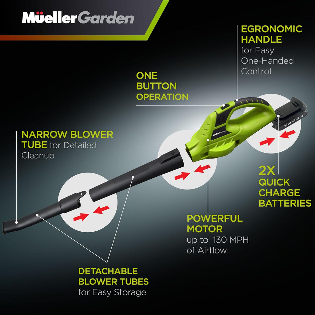 Mueller UltraStorm Leaf Blower Cordless Electric, with 2 Batteries and Charger, 140 MPH 20 V Powerful Motor, 2 Speed Levels, 1hr Charge, Lightweight, Blowers for Lawn Care, Blower for Snow
