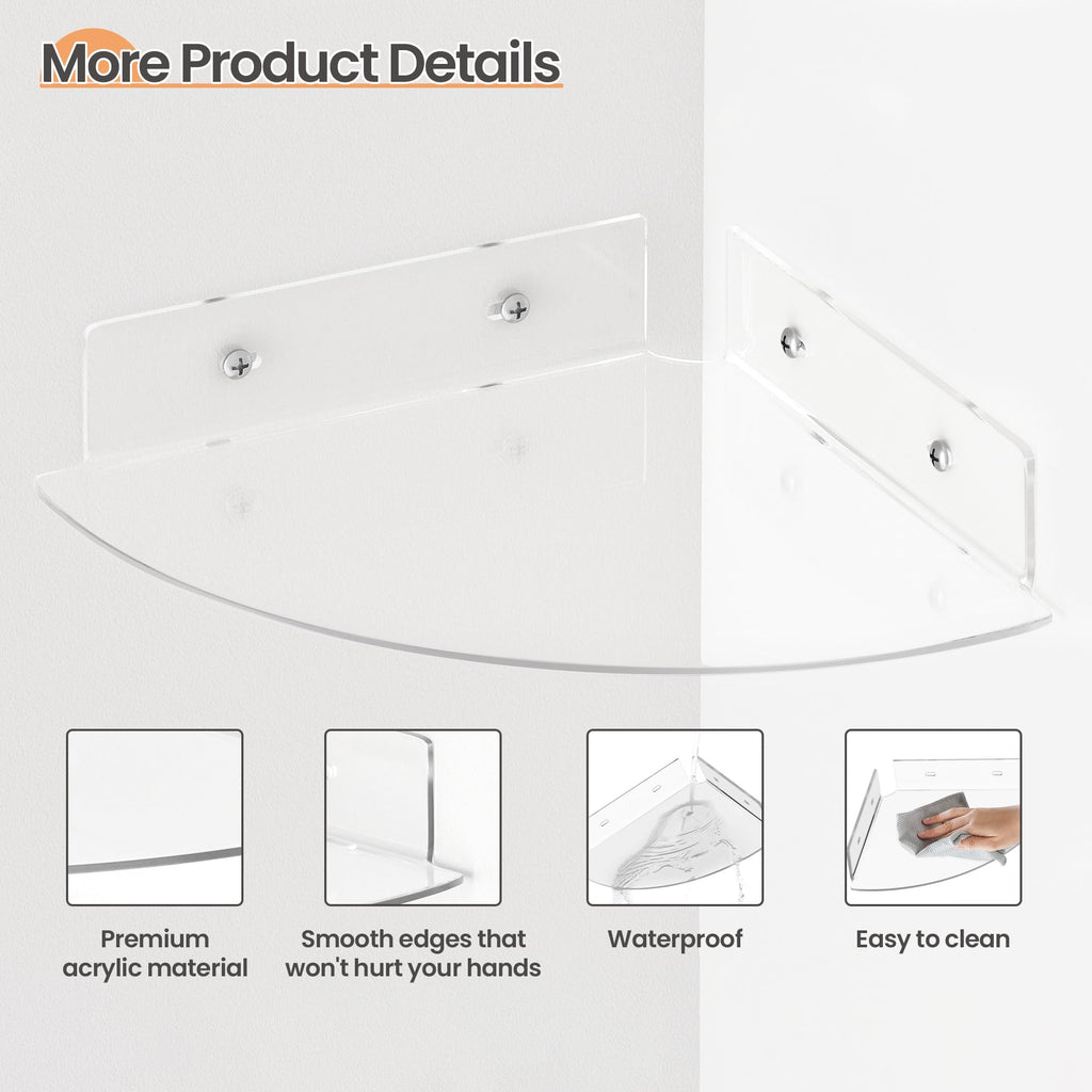 upsimples 4 Pack Acrylic Corner Floating Shelves, 10 in Clear Hanging Shelves with Cable Management Design, Wall Mounted Corner Storage Organizer for Bathroom, Bedroom, Living Room, Kitchen
