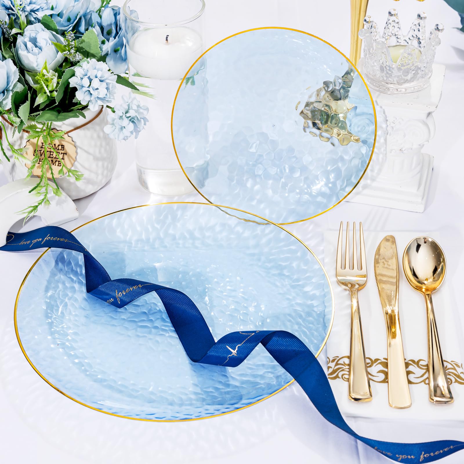 DaYammi 350PCS Clear Gold Plastic Dinnerware Set for 50 Guests, Hammered Disposable Plates for Party, Include: 50 Dinner Plates, 50 Dessert Plates, 150 Gold Silverware, 50 Napkins, 50 Cups