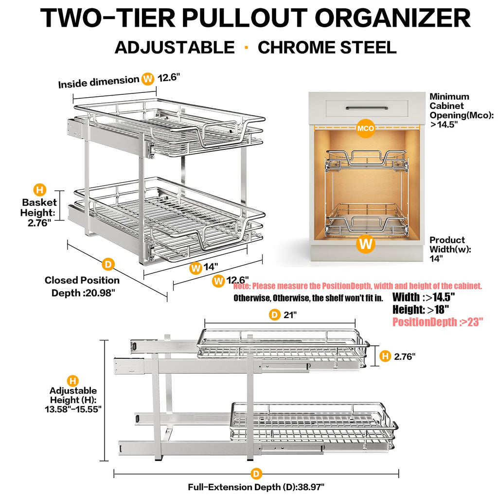 2-Tier Kitchen Cabinet,Pull Out Cabinet Organizer,Shelf and Drawer Organizer Slide Out Pantry Storaqe Basket in Multiple Sizes (12" W x21 D)