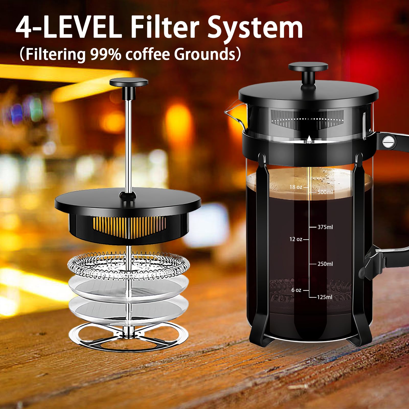 YMMIND French Press Coffee Maker 304 Stainless Steel Coffee Press,with 4 Filters System, Heat Resistant Thickness Borosilicate French Press Glass, BPA-Free Brewed Tea Pot Coffee Plunger(Copper 12oz)